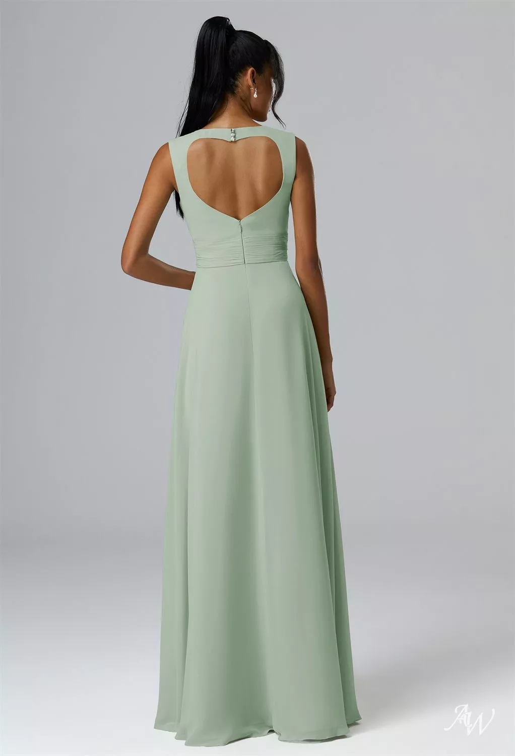 AW.Bridal A-line Sweetheart Neckline Floor Length Sleeveless Chiffon Cutout Long Bridesmaid Dresses Sage Green Size 4