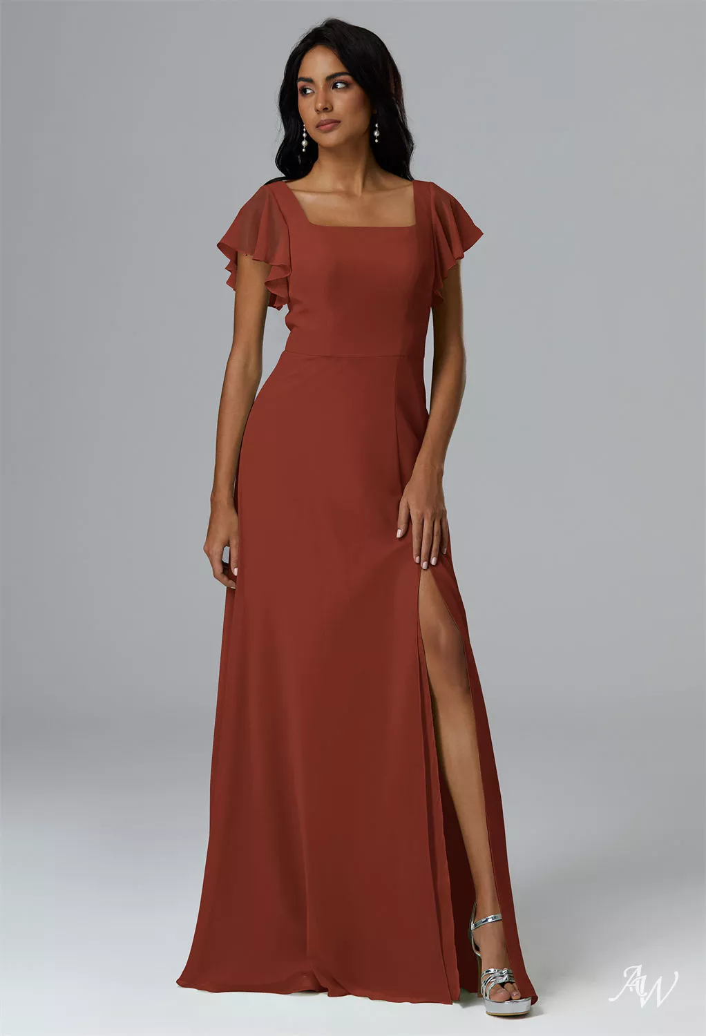 AW.Bridal A-line Square Neckline Floor Length Short Sleeves Long Bridesmaid Dresses Dress Rust Size 18
