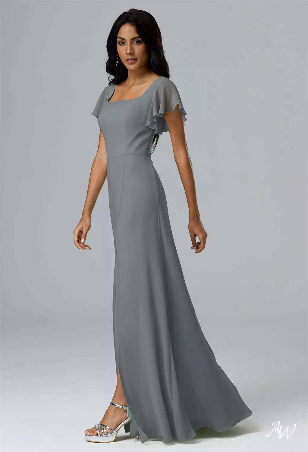 AW.Bridal A-line Square Neckline Floor Length Short Sleeves Long Bridesmaid Dresses Dress Steel Gray Size 4