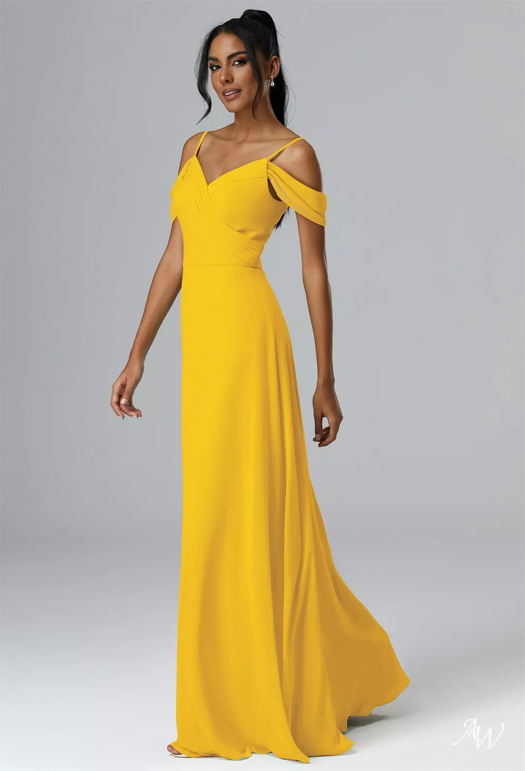 AW.Bridal A-line V-Neck Floor Length Off the Shoulder Spaghetti Straps Long Bridesmaid Dresses Dress Mustard Yellow Size 16