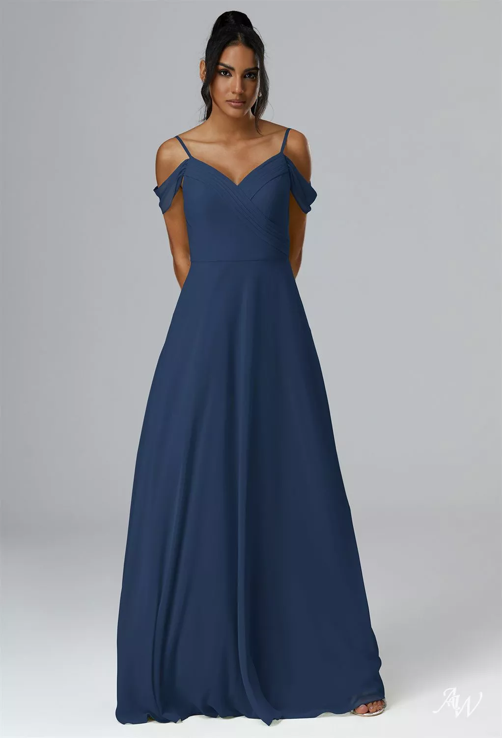 AW.Bridal A-line V-Neck Floor Length Off the Shoulder Spaghetti Straps Long Bridesmaid Dresses Dress Navy Size 6