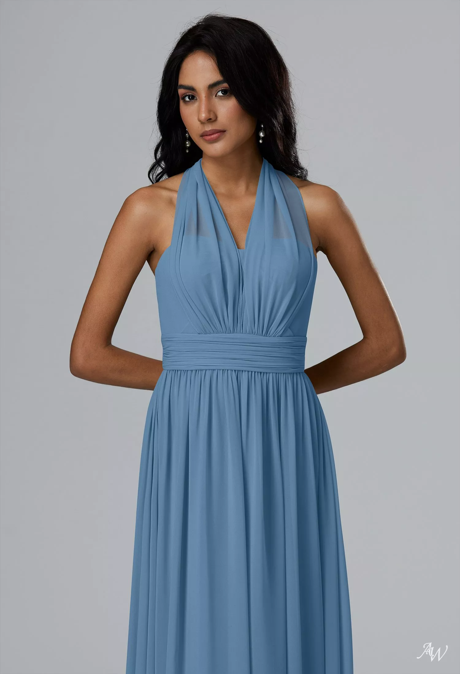 AW.Bridal A-line V-Neck Floor Length Sleeveless Strapless Short Sleeves Chiffon Long Bridesmaid Dresses Light Dusty Blue Size 18