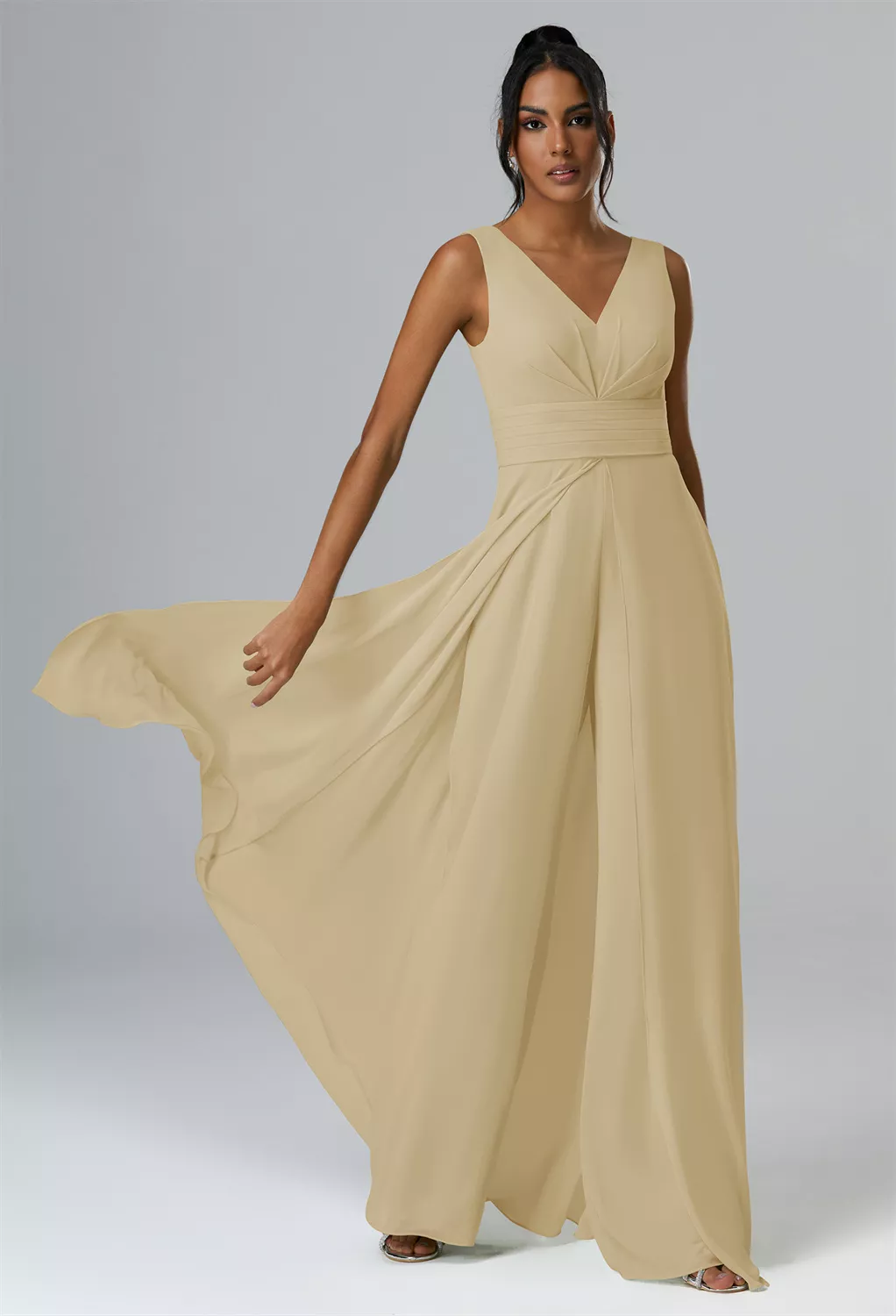 tan chiffon bridesmaid dress White Alabaster A-line Pleated V Neckline Chiffon Mini Bridesmaid Dress White Alabaster / US 16