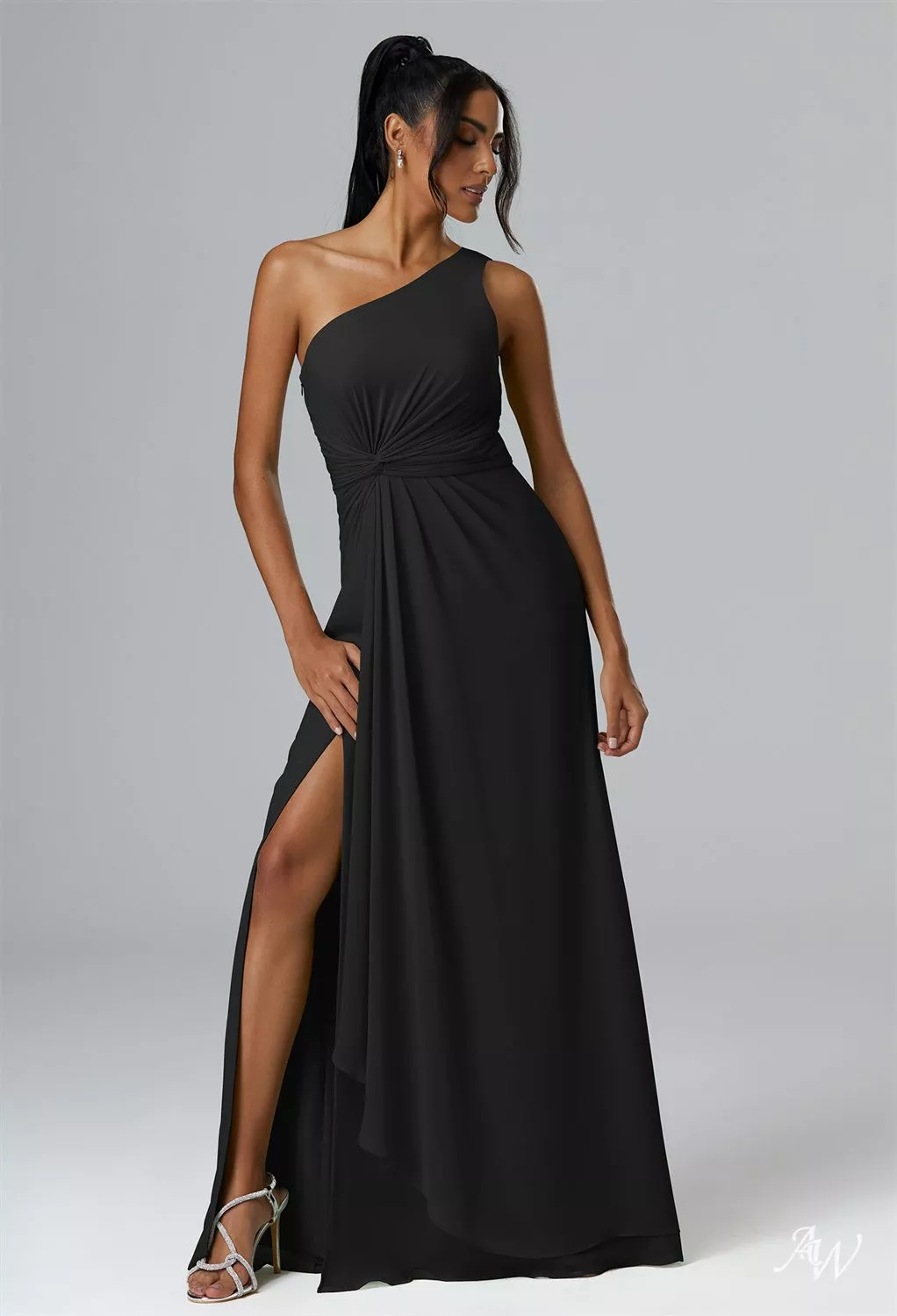 AW.Bridal A-line One Shoulder Floor Length Sleeveless Ruching Split Long Bridesmaid Dresses Dress Black Size 16