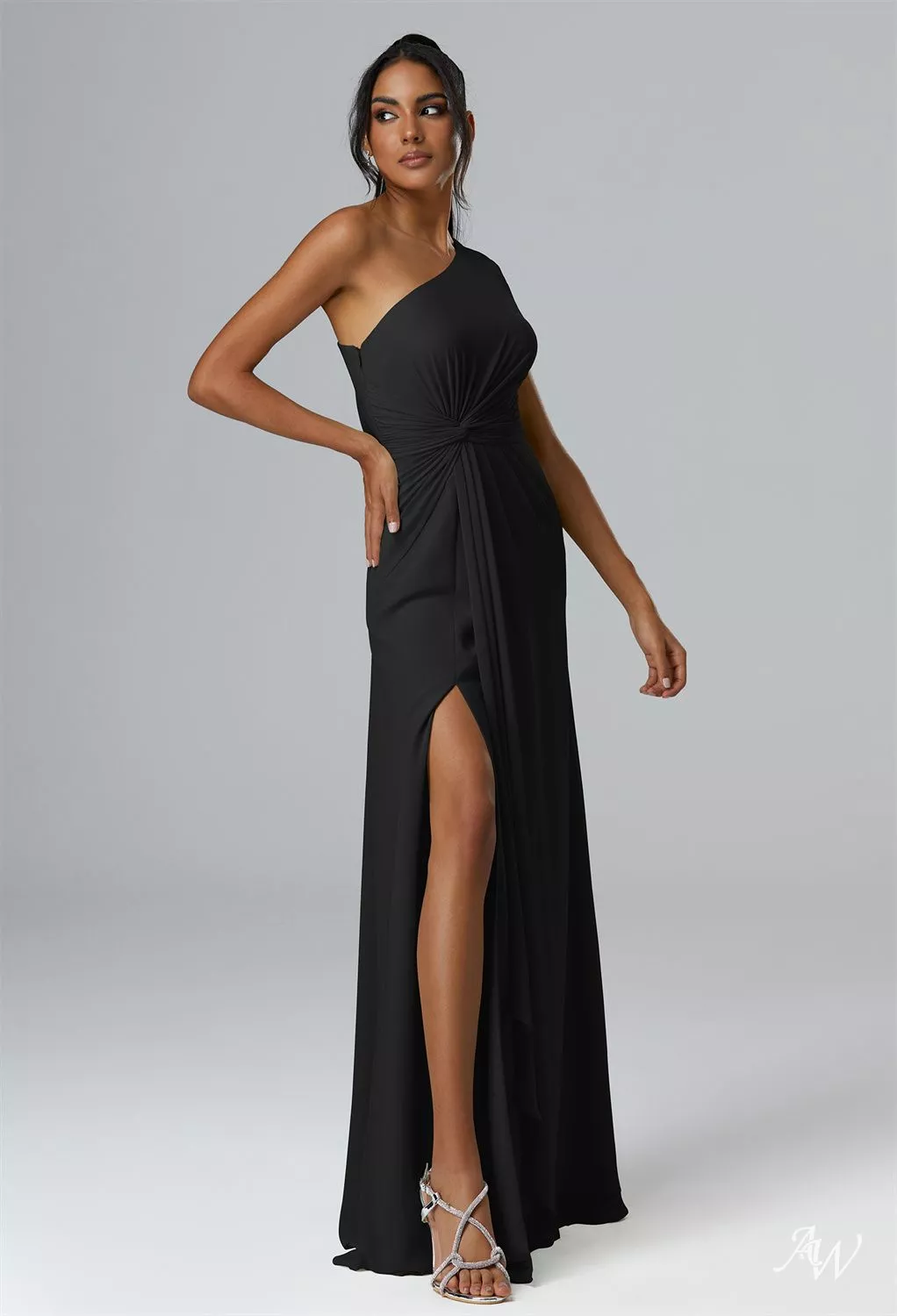 AW.Bridal A-line One Shoulder Floor Length Sleeveless Ruching Split Long Bridesmaid Dresses Dress Black Size 16