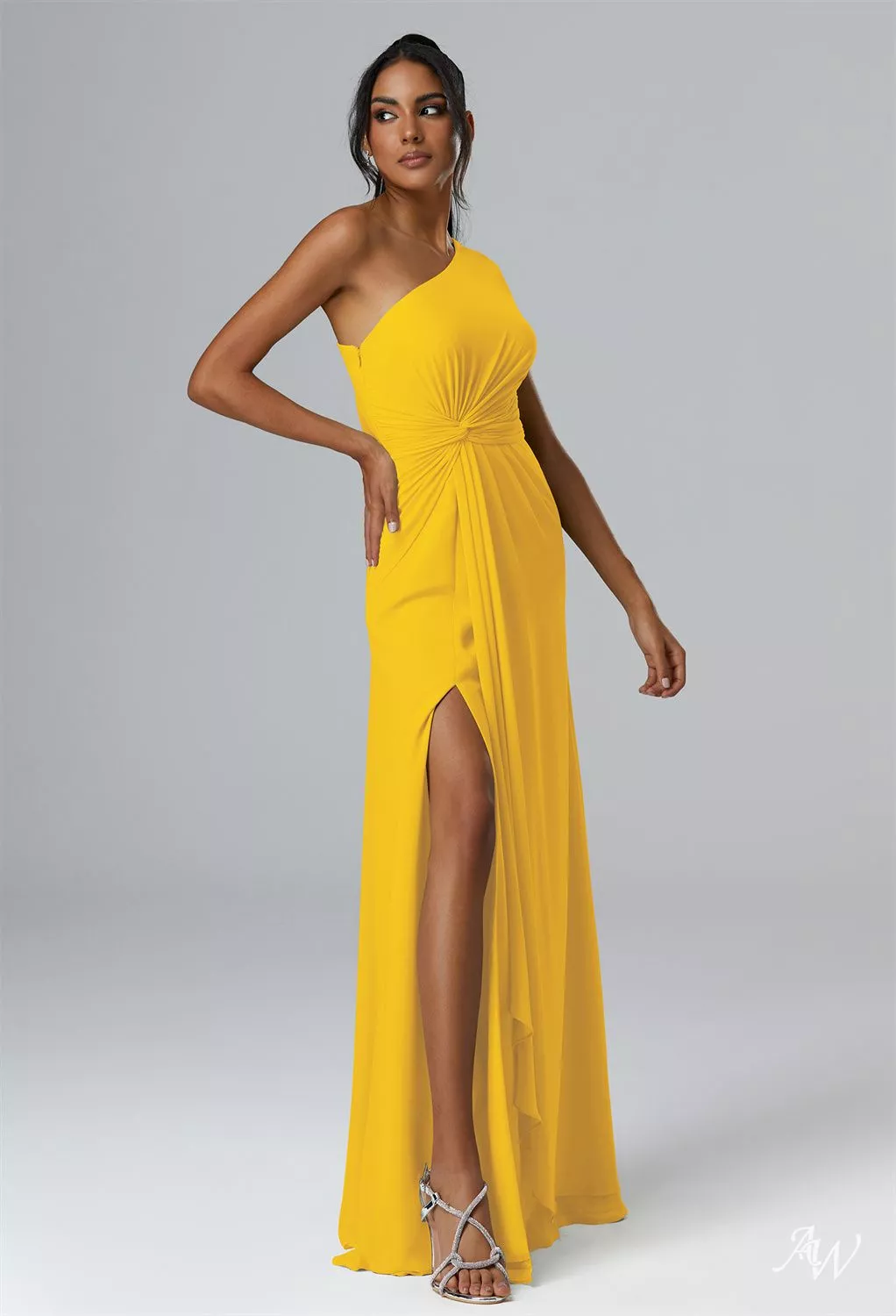 AW.Bridal A-line One Shoulder Floor Length Sleeveless Ruching Split Long Bridesmaid Dresses Dress Mustard Yellow Size 8