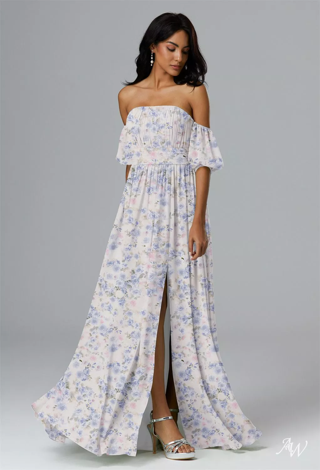 AW.Bridal A-line Straight Neckline Pleat Split Floral Bridesmaid Dresses Floral Dress Azure Purple Print Size 18