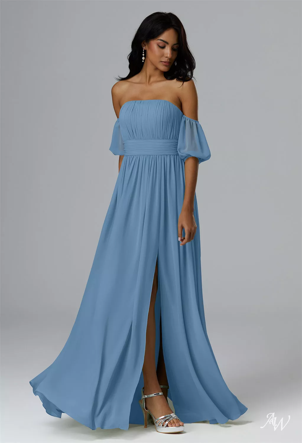 dusty blue bridesmaid dresses off shoulder Azazie Amyra