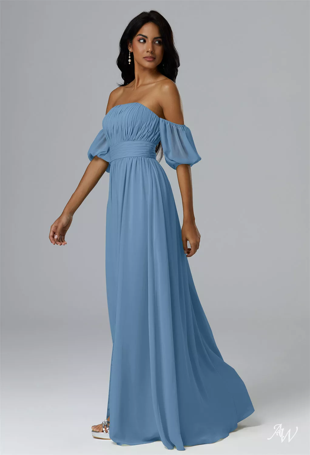 AW.Bridal A-line Straight Neckline Floor Length Strapless Off the Shoulder Puff Sleeves Pleat Split Long Bridesmaid Dresses Dress Dusty Blue Size 6