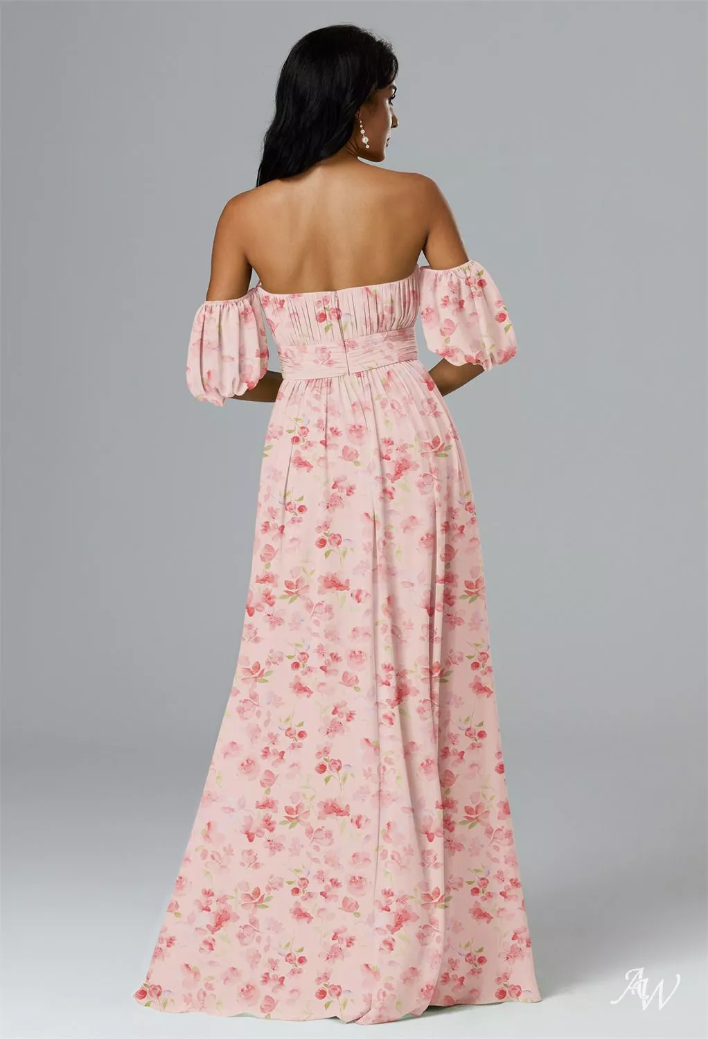 AW.Bridal A-line Straight Neckline Strapless Off the Shoulder Puff Sleeves Chiffon Pleat Split Floral Bridesmaid Dresses Peach Blossom Breeze Size 16