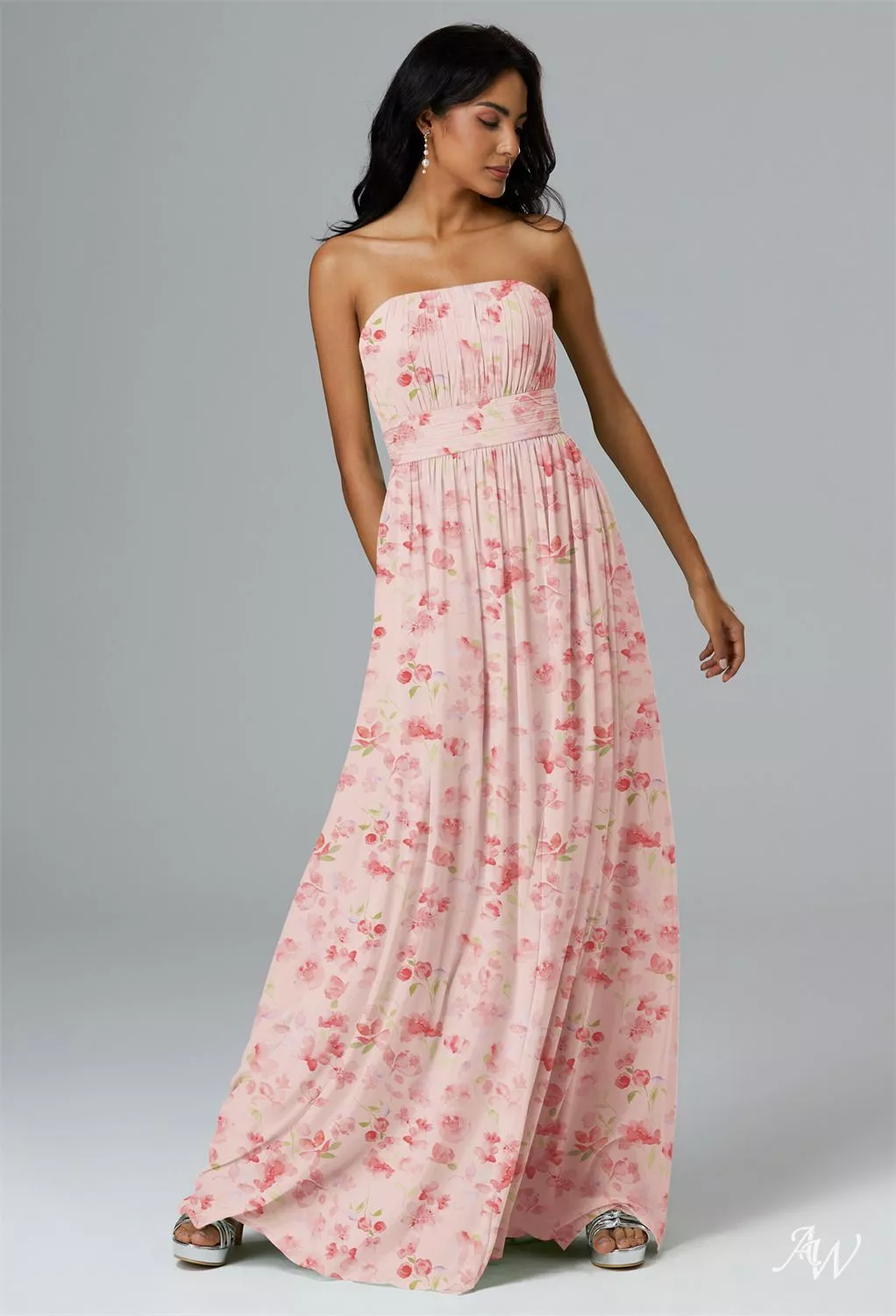 AW.Bridal A-line Straight Neckline Strapless Off the Shoulder Puff Sleeves Chiffon Pleat Split Floral Bridesmaid Dresses Peach Blossom Breeze Size 16