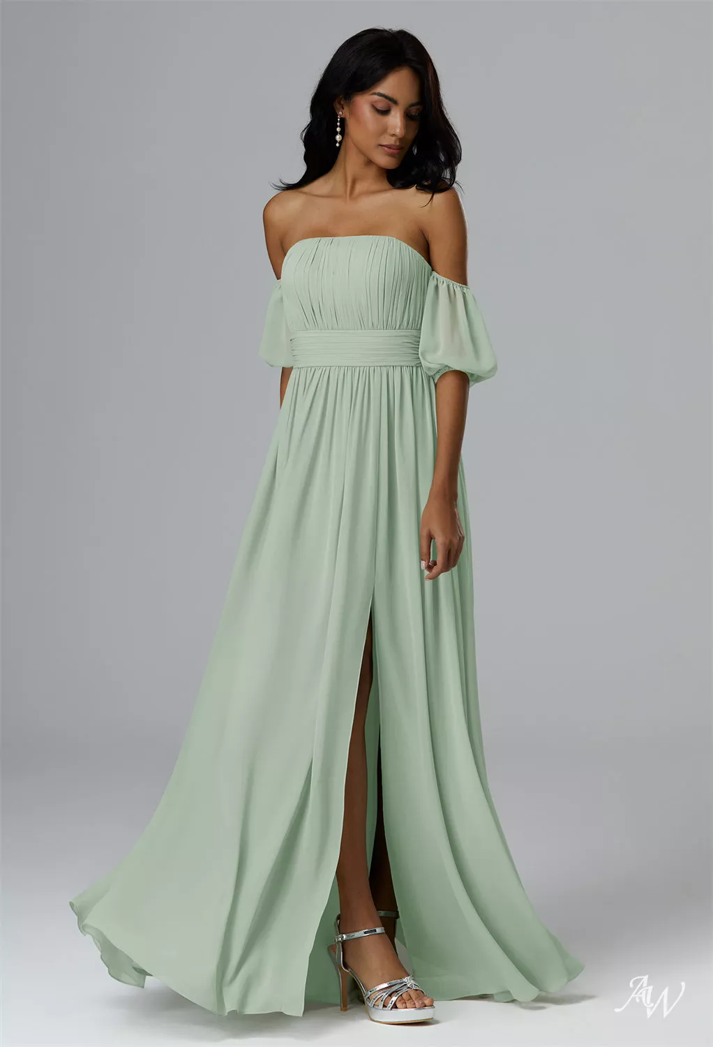 sage green strapless bridesmaid dresses AW.Bridal A-line Straight Neckline Floor Length Off the Shoulder Puff Sleeves Pleat Split Long Dress Size 8 Green satin dress