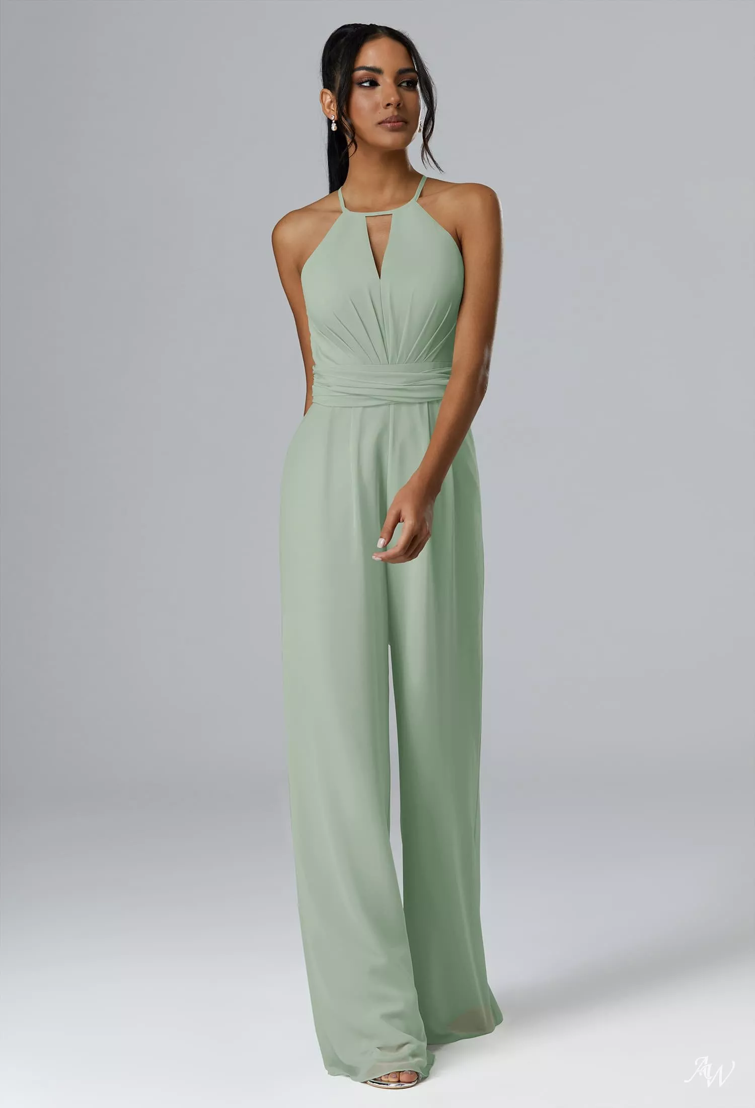 AW.Bridal Jumpsuit Halter Neckline Floor Length Sleeveless Chiffon Cutout Wedding Guest Dresses Dress Sage Green Plus Size 16
