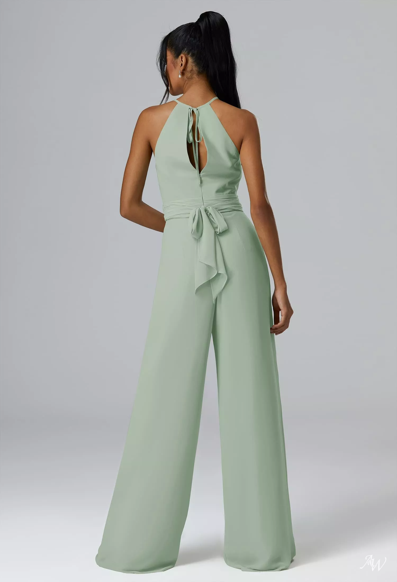 Olive Green Bridesmaid Jumpsuit Green Jumpsuit Halter Neckline Floor Length  Sleeveless Chiffon Long Bridesmaid Dresses Dress