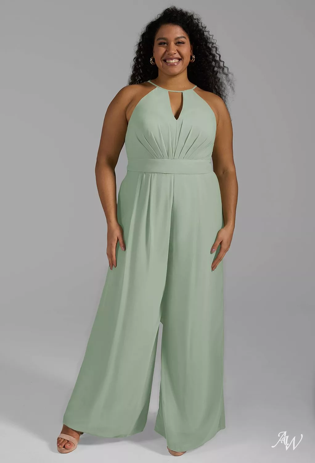 AW.Bridal Jumpsuit Halter Neckline Floor Length Sleeveless Chiffon Cutout Wedding Guest Dresses Dress Sage Green Plus Size 16