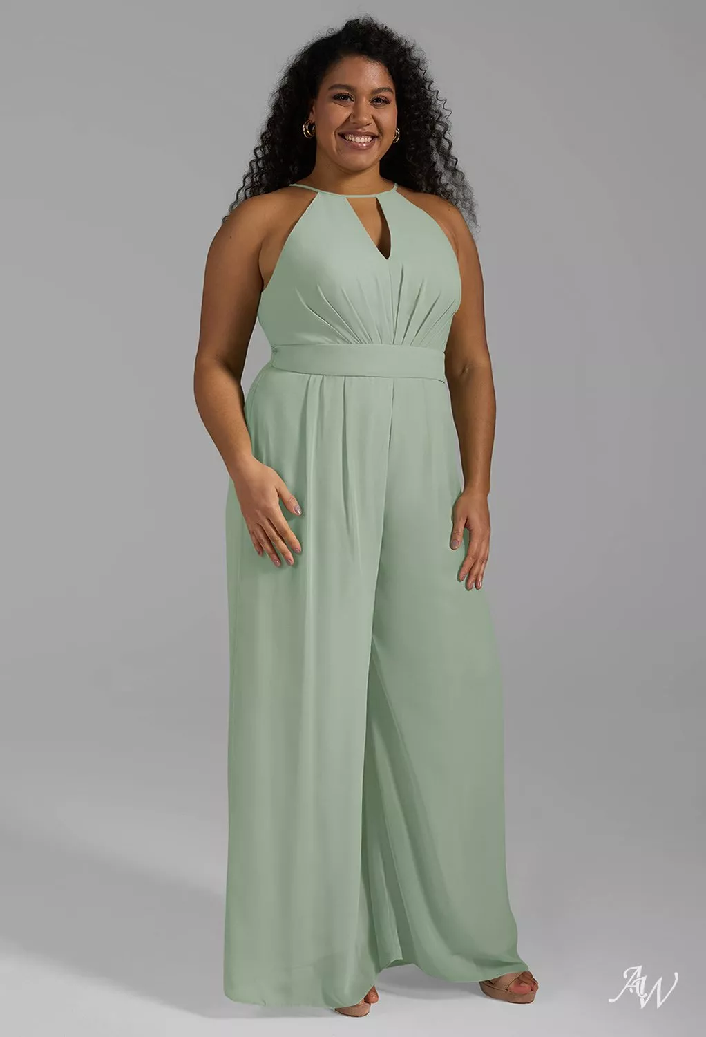 AW Peggie Jumpsuit, Sage Green Chiffon Crystal Satin Satin Charmeuse  Stretch Satin Floor Length Halter Neckline Bridesmaid Dresses | AW.Bridal