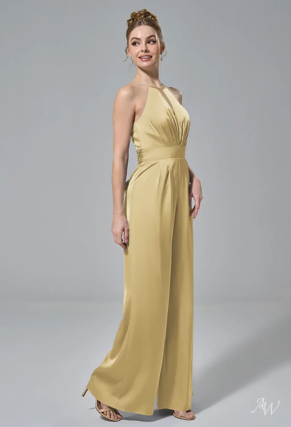 AW.Bridal Bridesmaid Dresses Satin Charmeuse Jumpsuit Halter Neckline Floor Length Sleeveless Cutout Dress Sand Gold Size 18