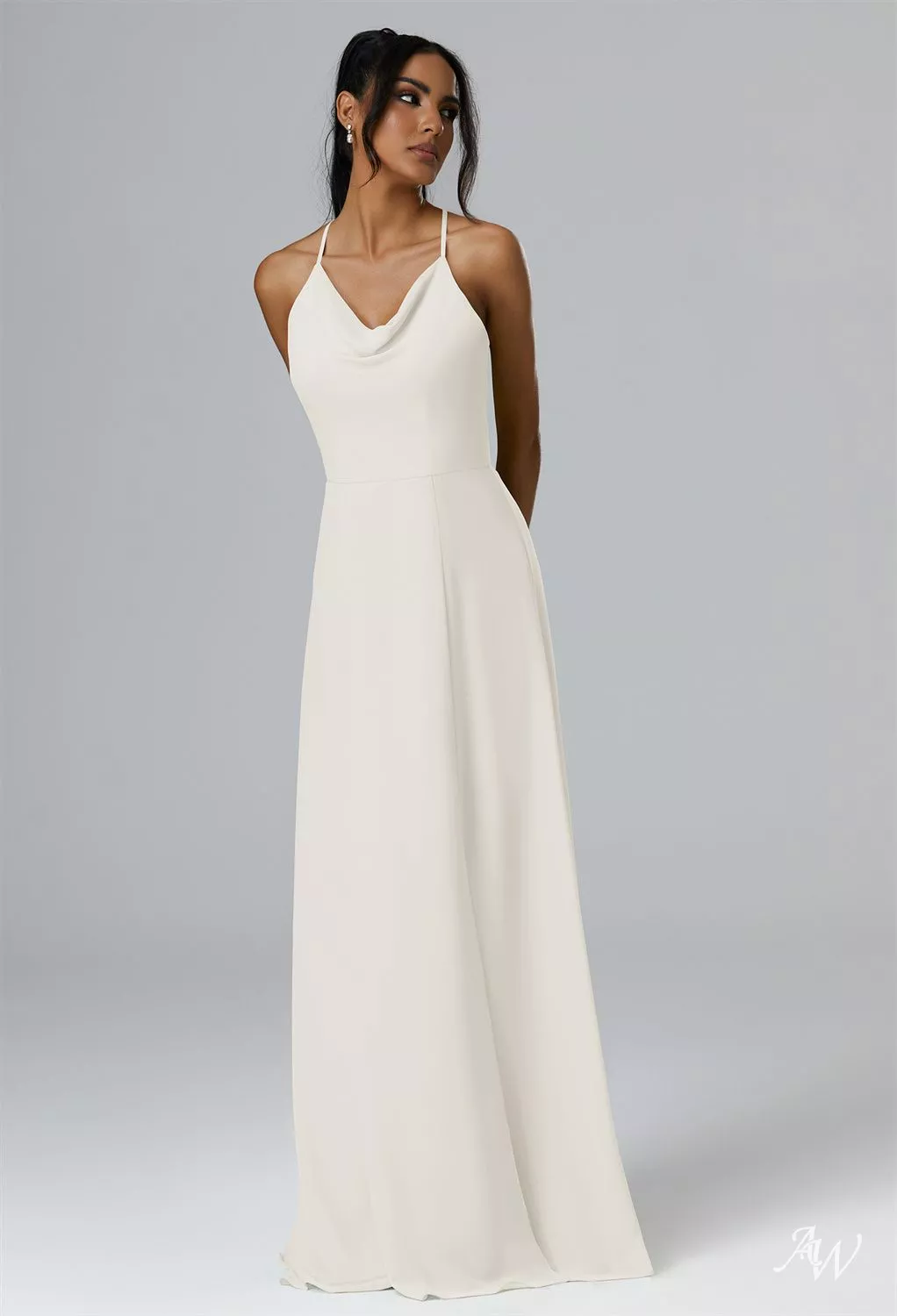 AW.Bridal A-line Cowl Neckline Floor Length Sleeveless Spaghetti Straps Crisscross Back Wedding Guest Dresses Dress Ivory Size 8