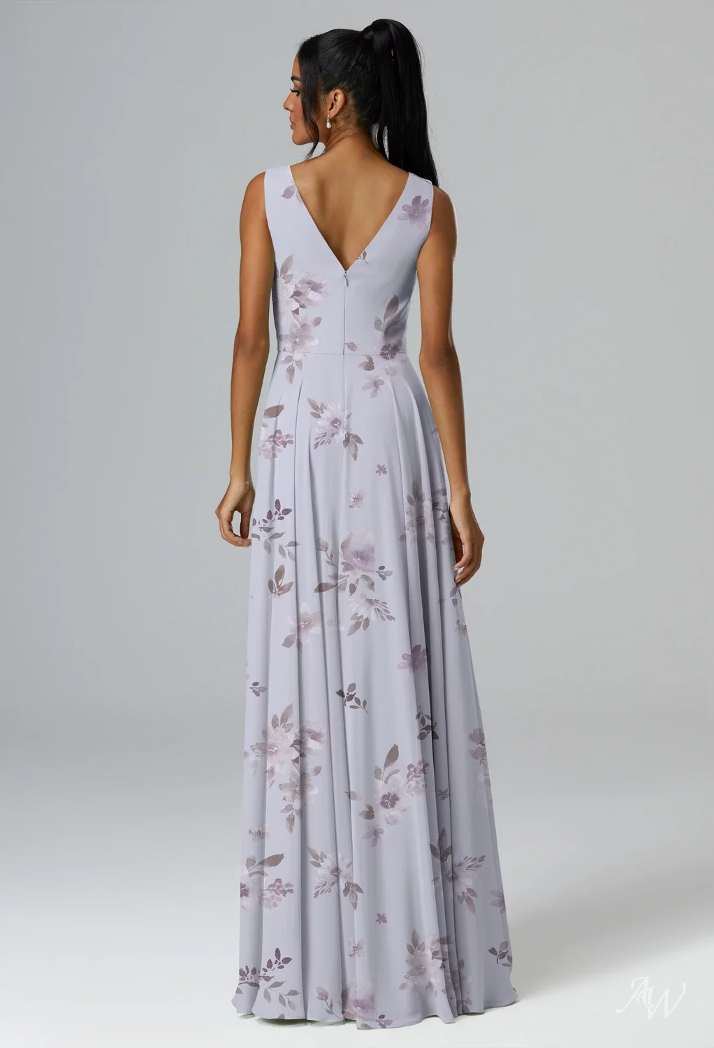 AW.Bridal A-line V-Neck Floor Length Sleeveless Floral Bridesmaid Dresses Floral Dress Lavender Mist Floral Size 18
