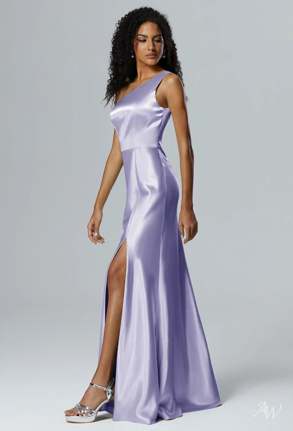 purple silver bridesmaid dresses AW.Bridal Mermaid One Shoulder Floor Length Sleeveless Crystal Satin Split Long Dress Haze Size 4 offering a modern yet