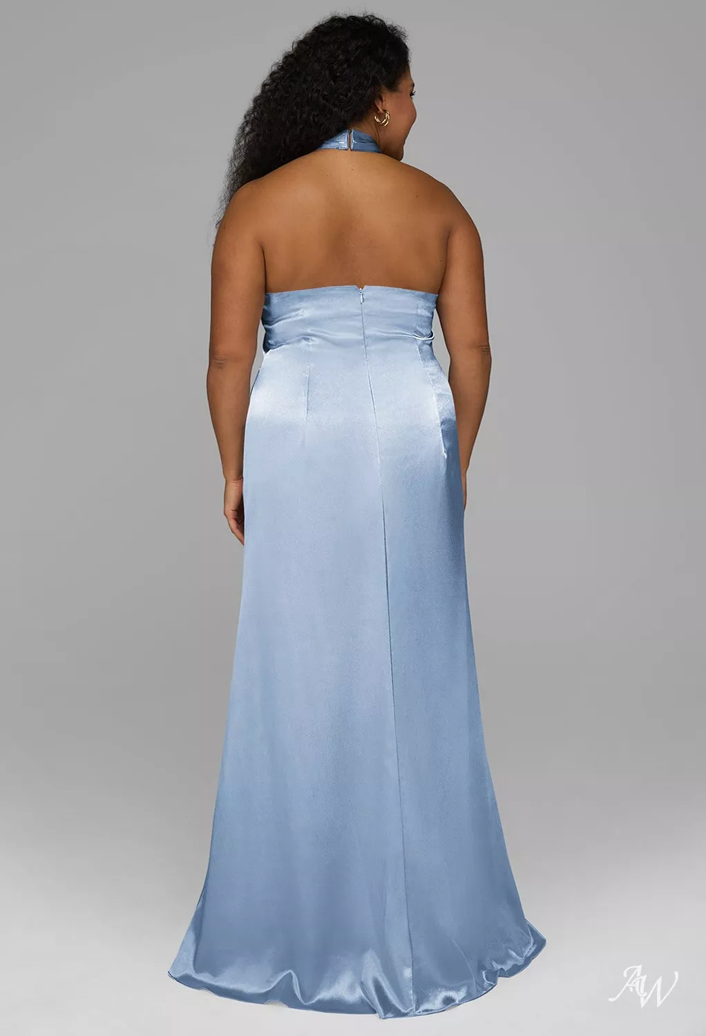 AW.Bridal Mermaid Halter Neckline Floor Length Sleeveless Crystal Satin Long Bridesmaid Dresses Dress Baby Blue Size 8