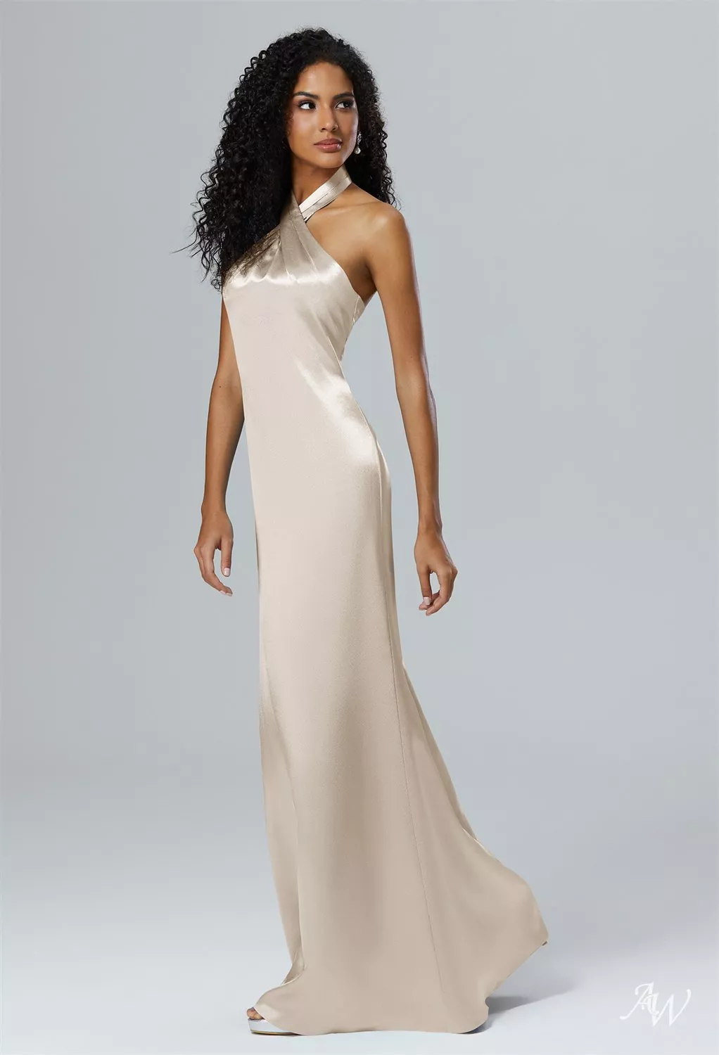 AW.Bridal Mermaid Halter Neckline Floor Length Sleeveless Crystal Satin Plus Size Dresses Dress Champagne Plus Size 16