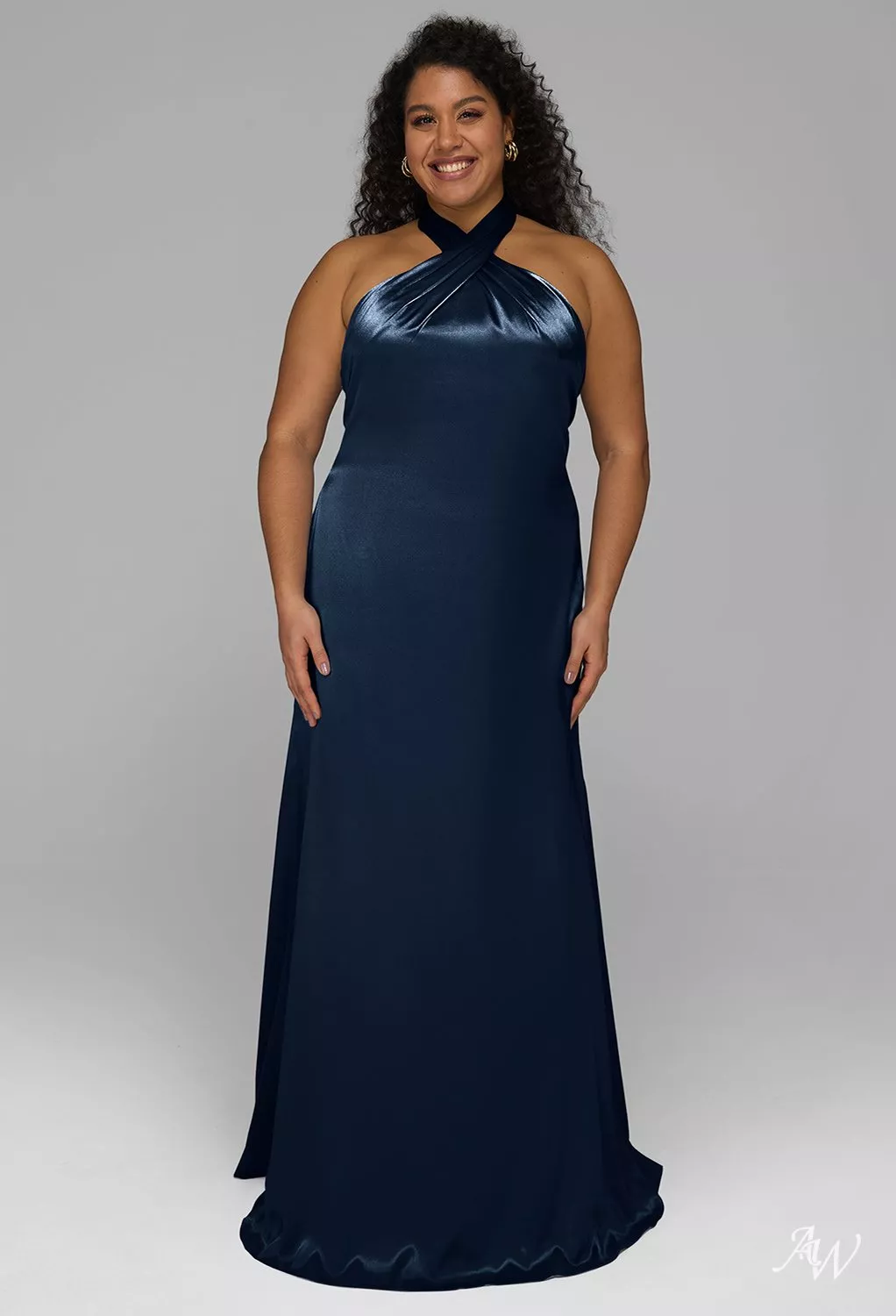 AW.Bridal Mermaid Halter Neckline Floor Length Sleeveless Crystal Satin Plus Size Dresses Dress Dark Navy Plus Size 16