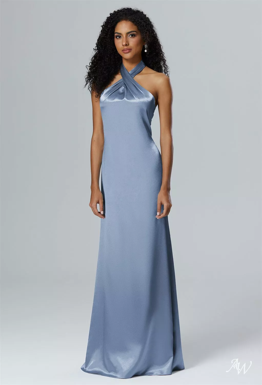 princess polly baby blue dress AW Serena Dress, Fennel Seed Crystal Satin Satin Charmeuse Stretch Satin  Floor Length Halter Neckline Bridesmaid Dresses