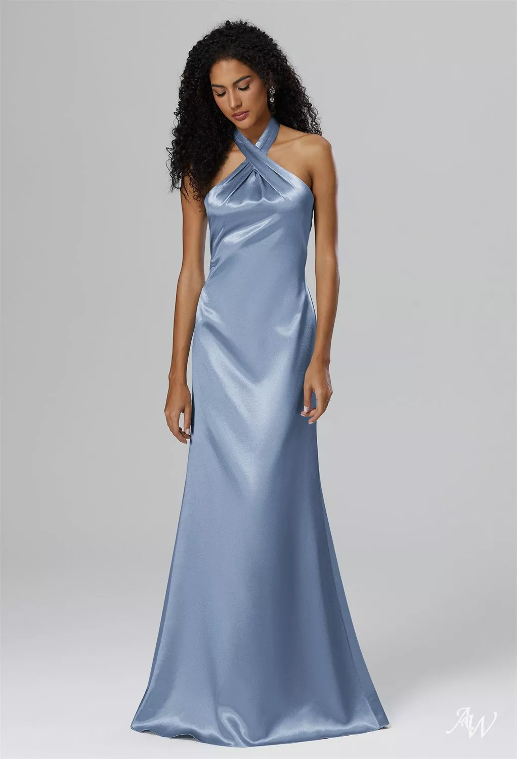 AW.Bridal Mermaid Halter Neckline Floor Length Sleeveless Crystal Satin Plus Size Dresses Dress Dusty Blue Plus Size 18