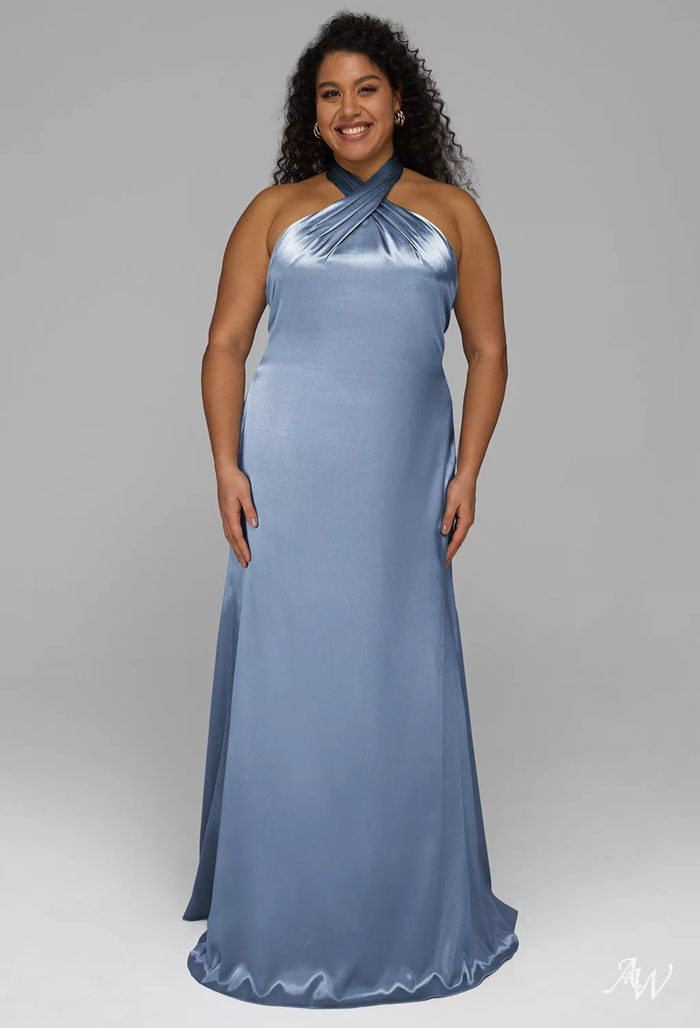 AW.Bridal Mermaid Halter Neckline Floor Length Sleeveless Crystal Satin Plus Size Dresses Dress Dusty Blue Size 6