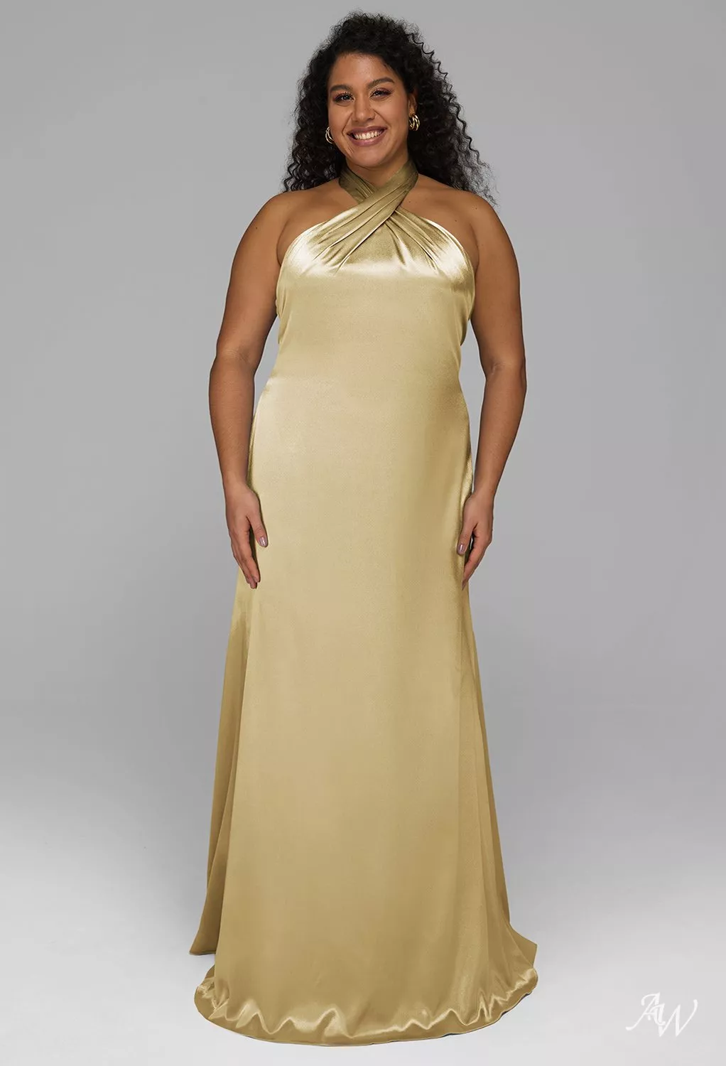 AW.Bridal Mermaid Halter Neckline Floor Length Sleeveless Crystal Satin Long Bridesmaid Dresses Dress Light Gold Size 6