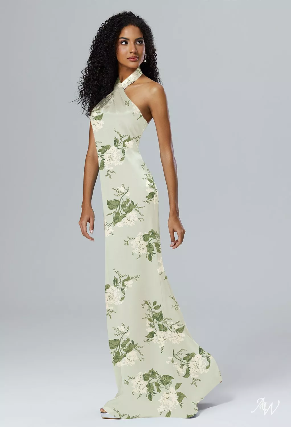 AW.Bridal Bridesmaid Dresses Satin Charmeuse Mermaid Halter Neckline Floor Length Sleeveless Floral Dress Sage Garden Party Size 16