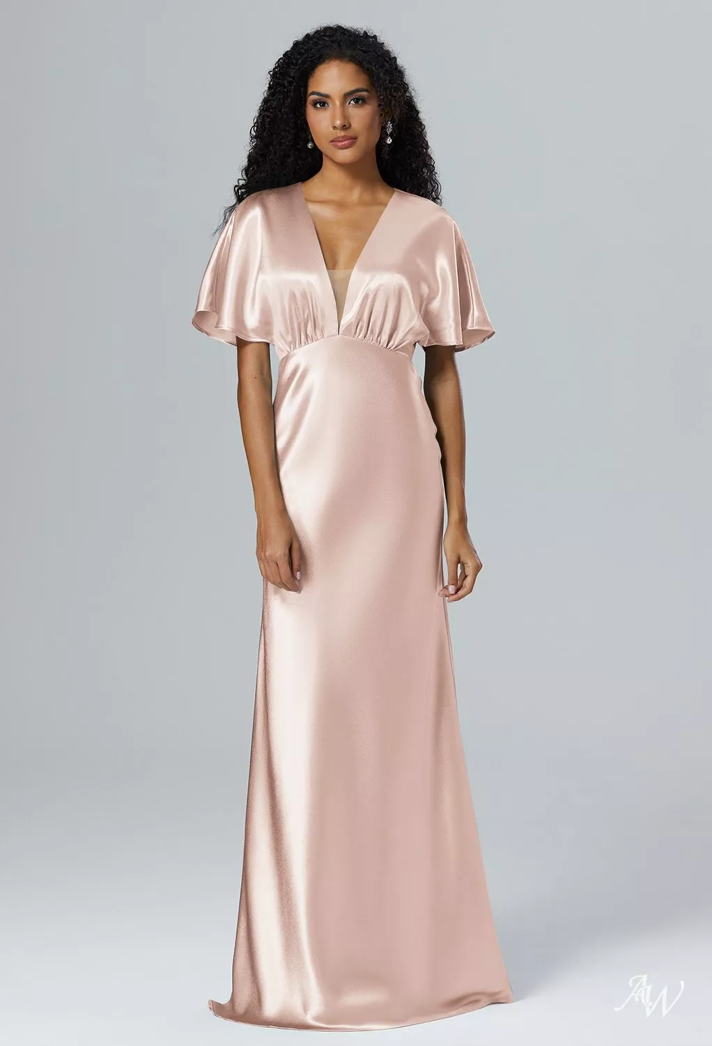 apricot bridesmaid dresses AW.Bridal A-line V-Neck Floor Length Short Sleeves Crystal Satin Ruching Wedding Guest Dress Size 6 Agha Noor Review color:khaki Sizing:Asian Size Featuring a flattering V