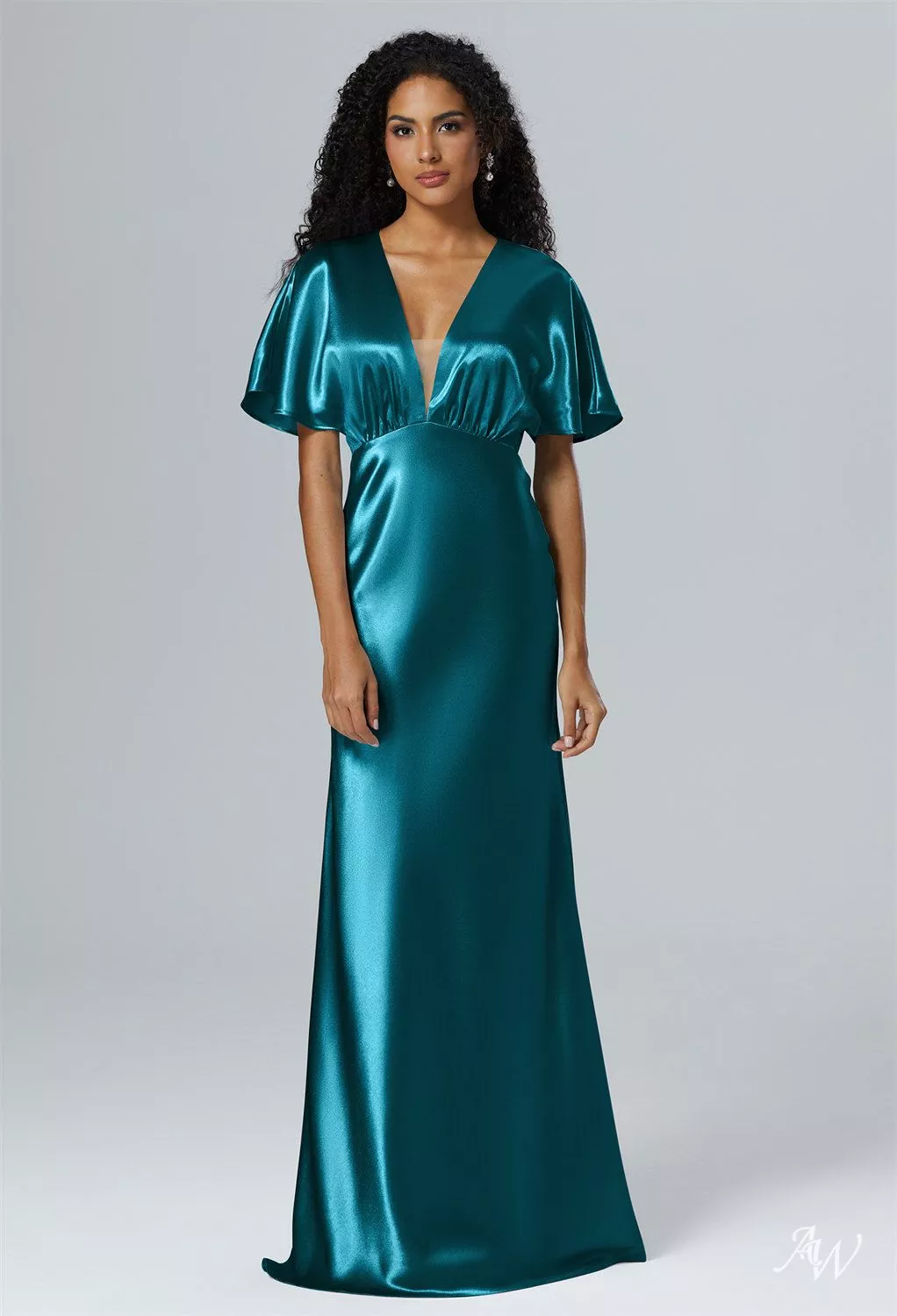 AW.Bridal A-line V-Neck Floor Length Short Sleeves Crystal Satin Ruching Wedding Guest Dresses Dress Deep Lake Size 4