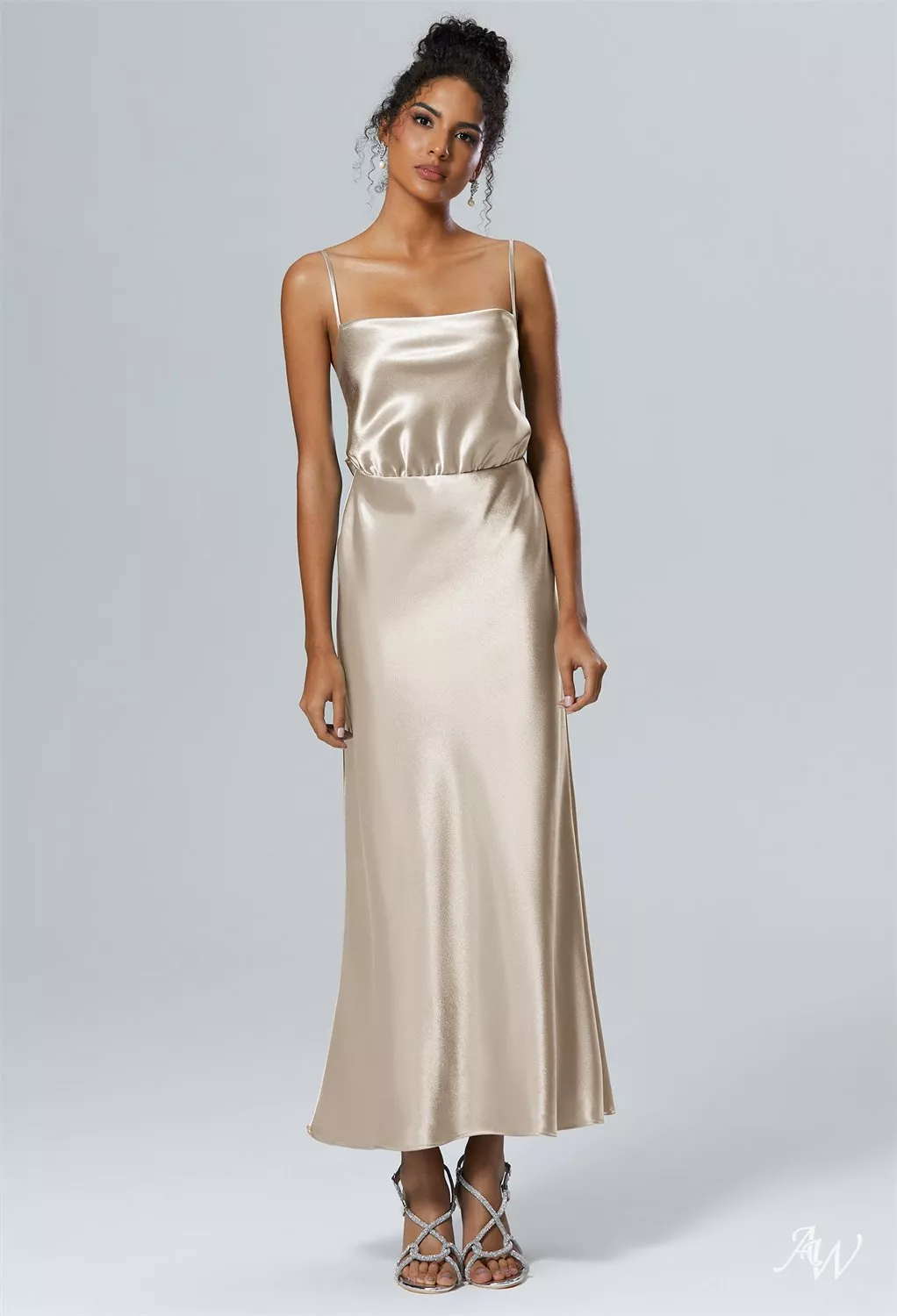 AW.Bridal Mermaid Square Neckline Ankle Length Sleeveless Spaghetti Straps Crystal Satin Long Bridesmaid Dresses Dress Champagne Size 4
