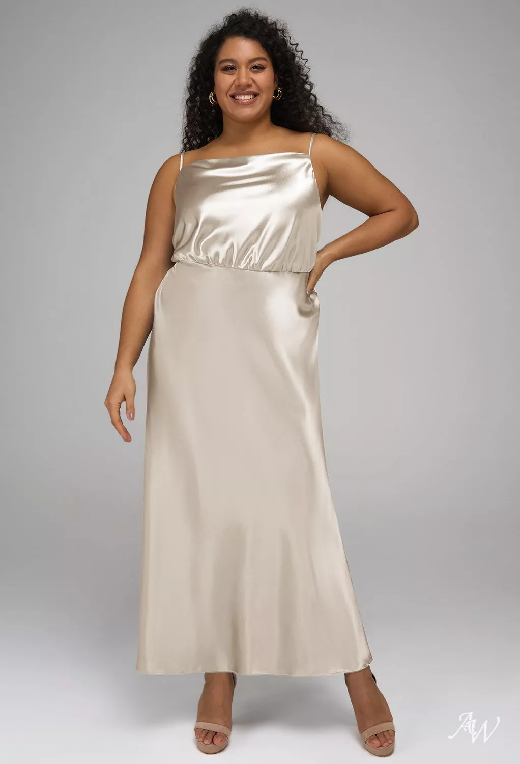 AW Lettice Dress, Green Olive Crystal Satin Satin Charmeuse Ankle Length  Square Neckline Bridesmaid Dresses | AW.Bridal