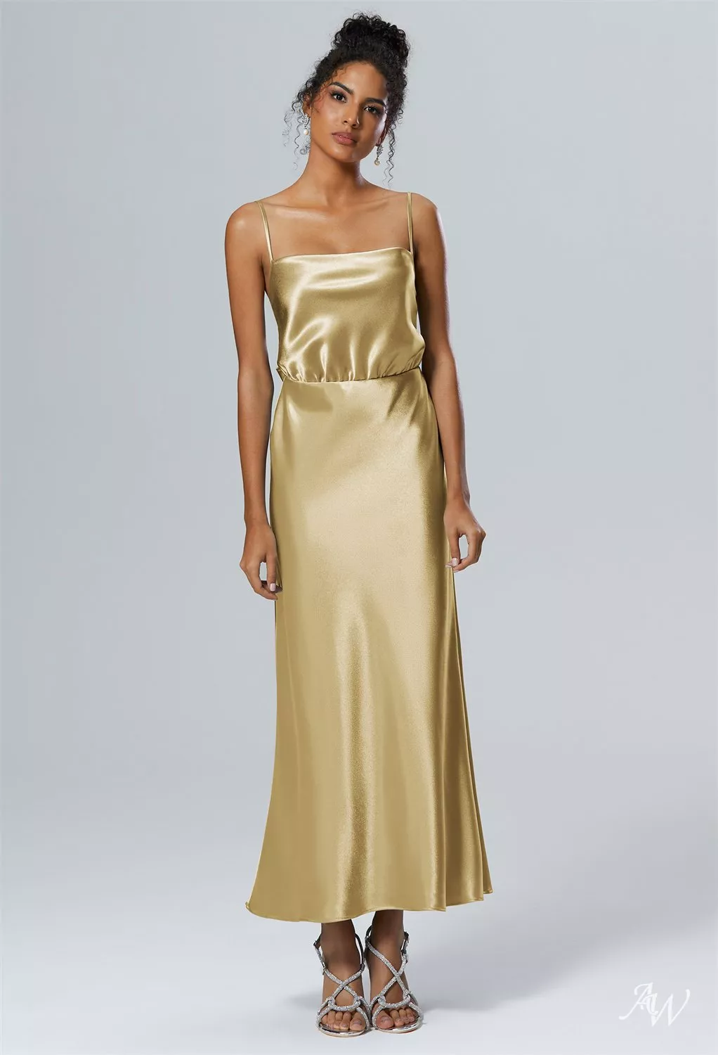 AW.Bridal Mermaid Square Neckline Ankle Length Sleeveless Spaghetti Straps Crystal Satin Plus Size Dresses Dress Light Gold Plus Size 18