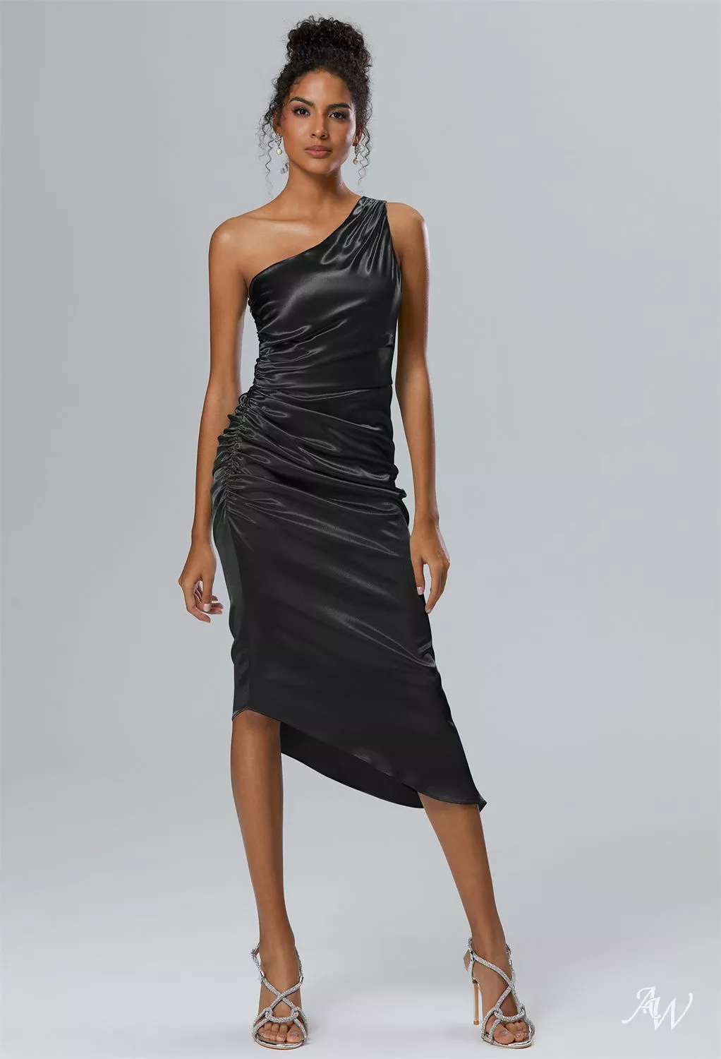 strapless open back dress One Shoulder Mesh Ruched Dress Black / L