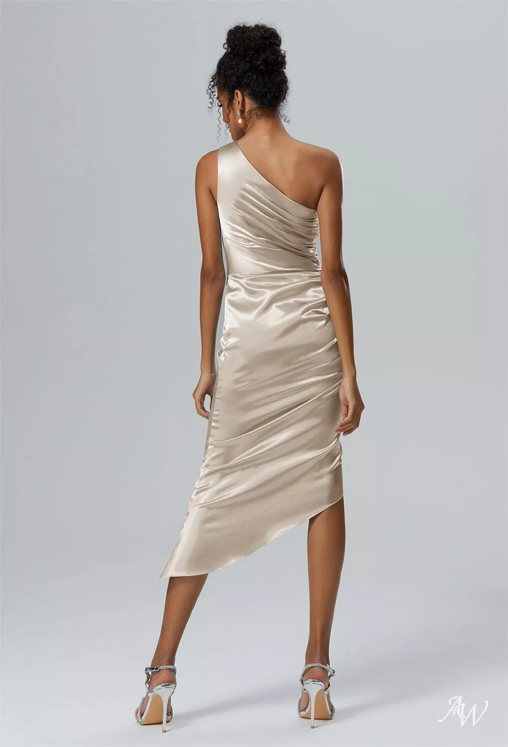 AW Marci Dress, Black Metallic Crystal Satin Satin Charmeuse Knee Length  One Shoulder Wedding Guest Dresses | AW.Bridal