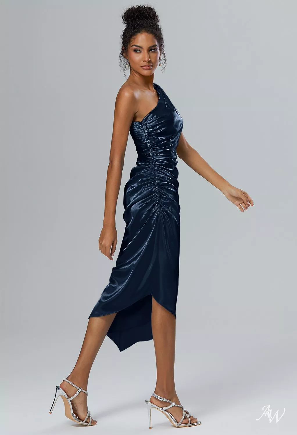 AW Marci Dress, Black Metallic Crystal Satin Satin Charmeuse Knee Length  One Shoulder Wedding Guest Dresses | AW.Bridal