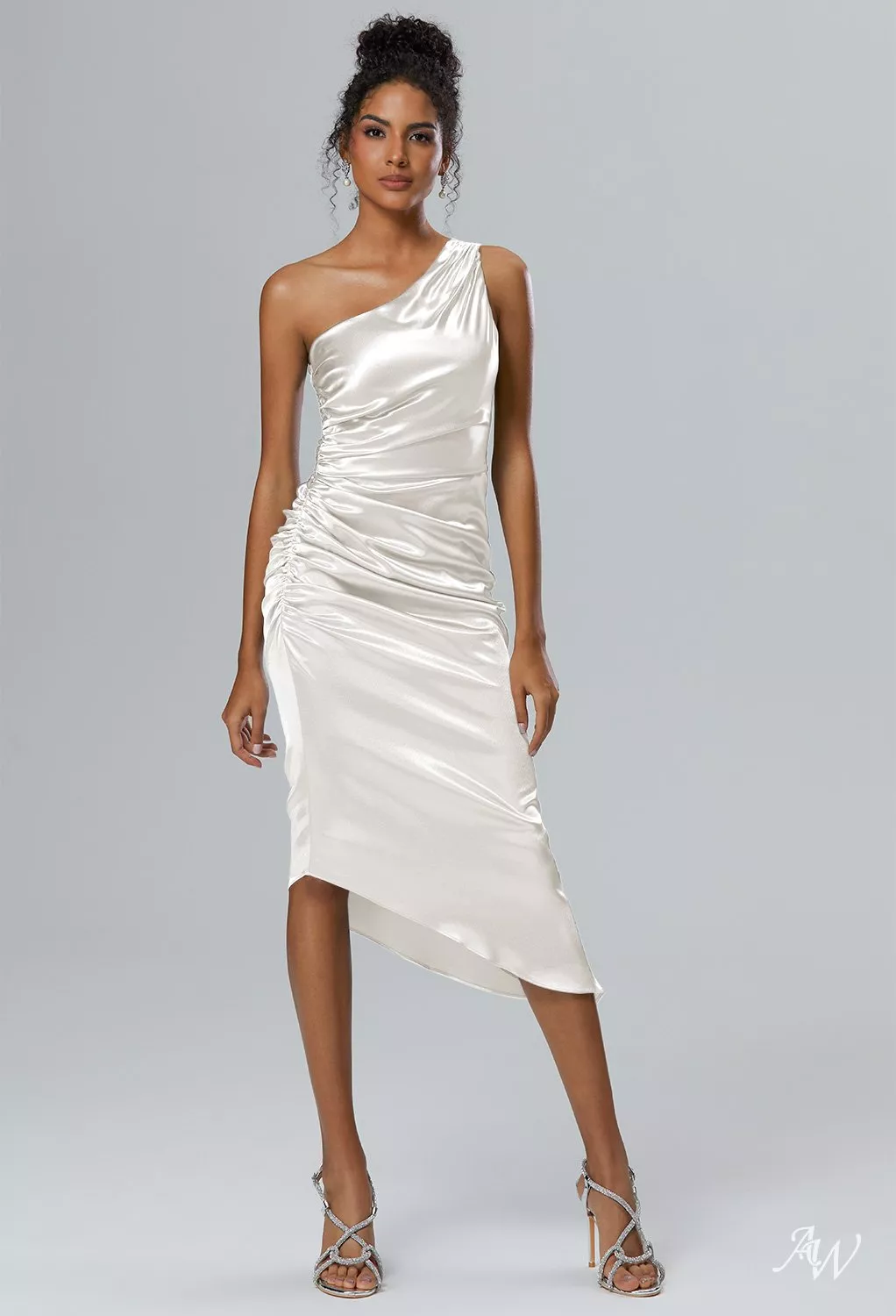 AW Marci Dress, Black Metallic Crystal Satin Satin Charmeuse Knee Length  One Shoulder Wedding Guest Dresses | AW.Bridal