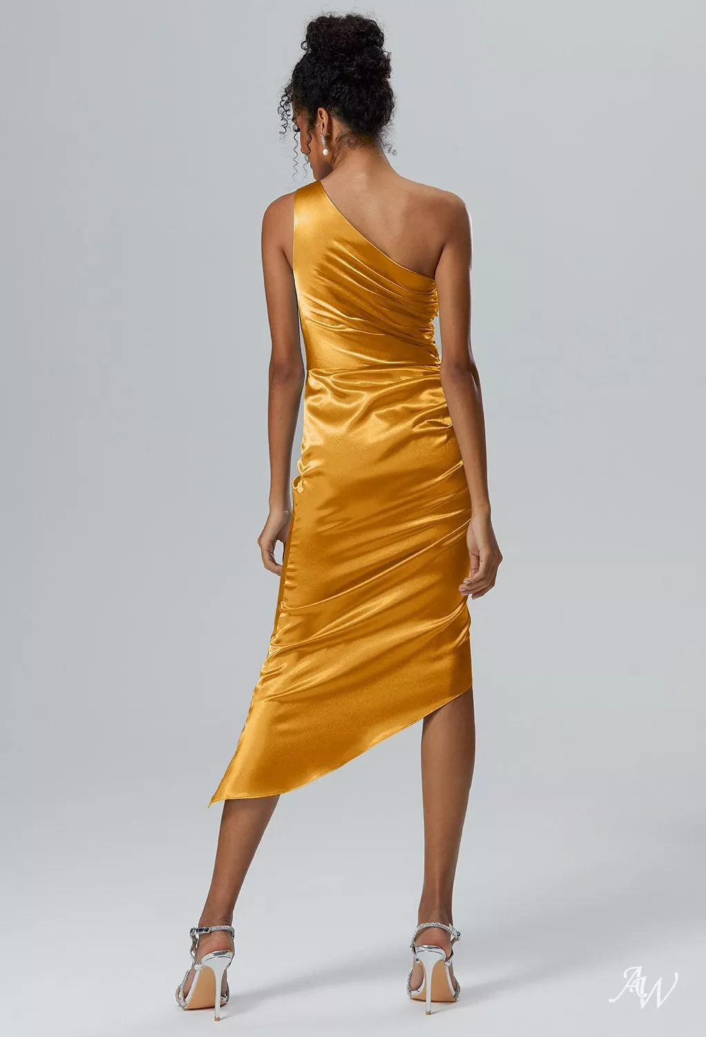 AW.Bridal Column One Shoulder Knee Length Sleeveless Crystal Satin Wedding Guest Dresses Dress Mango Size 18