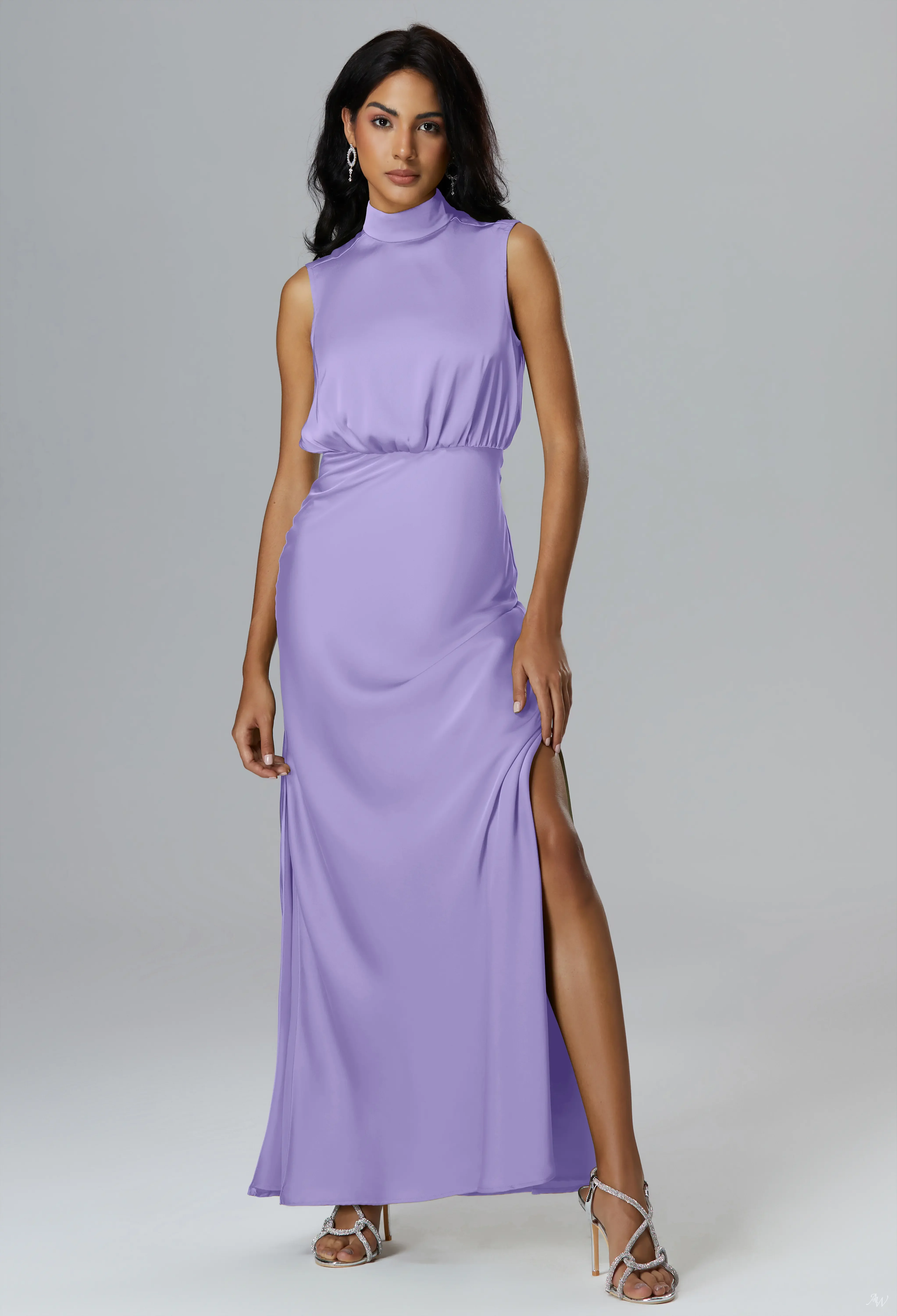 satin lilac bridesmaid dresses AW.Bridal A-line Turtleneck Floor Length Sleeveless Ruching Split Wedding Guest Dress Size 18 Blue dress summer dress Style-Color-Dim:AP1D106822_AE453_M this dress is ideal Colour:Chocolate