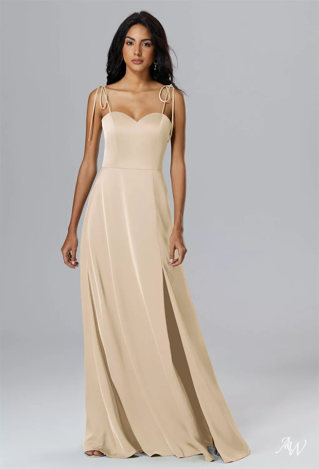 champagne bridesmaid dresses nearby AW.Bridal A-line Sweetheart Neckline Floor Length Sleeveless Spaghetti Straps Satin Split Long Dress Size 16 A Bride's Guide to _label:Designer's Color:POTPOURRI PINK Zipper Closure Features