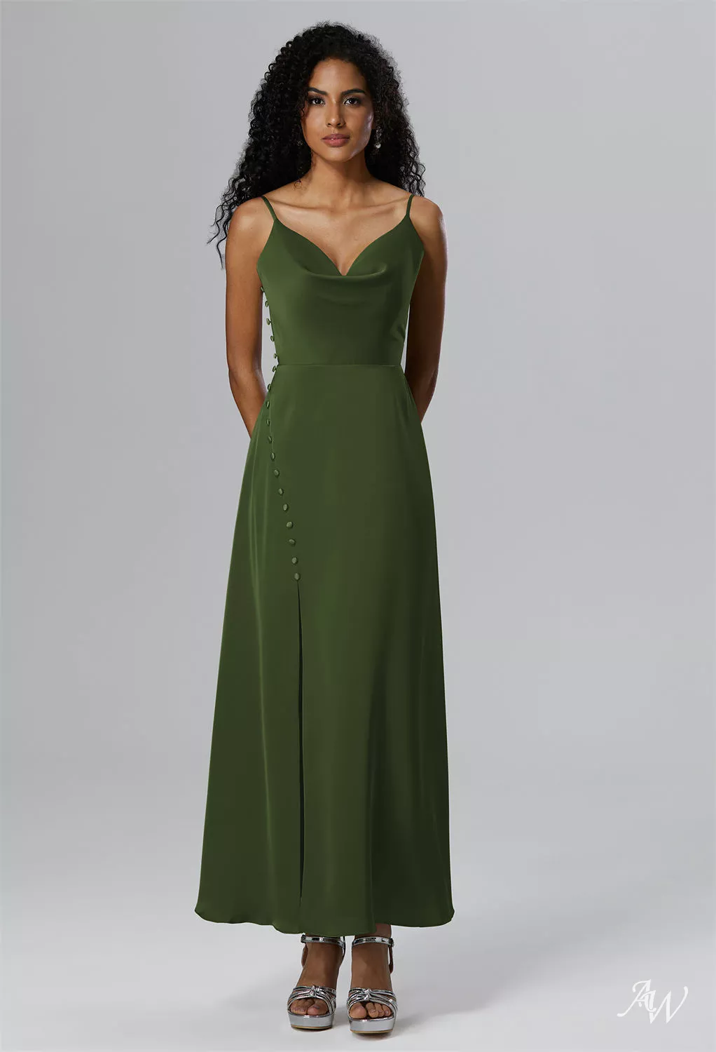 AW.Bridal A-Line Cowl Neckline Ankle Length Sleeveless Spaghetti Straps Satin Split Long Bridesmaid Dresses Dress Green Olive Size 4