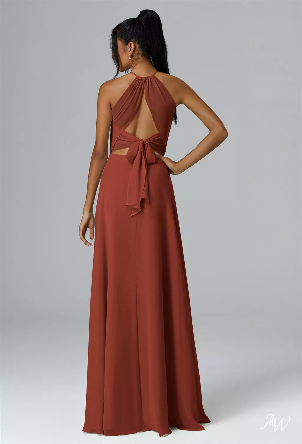 AW.Bridal A-line Halter Neckline Floor Length Sleeveless Cutout Ruching Split Long Bridesmaid Dresses Dress Rust Size 16