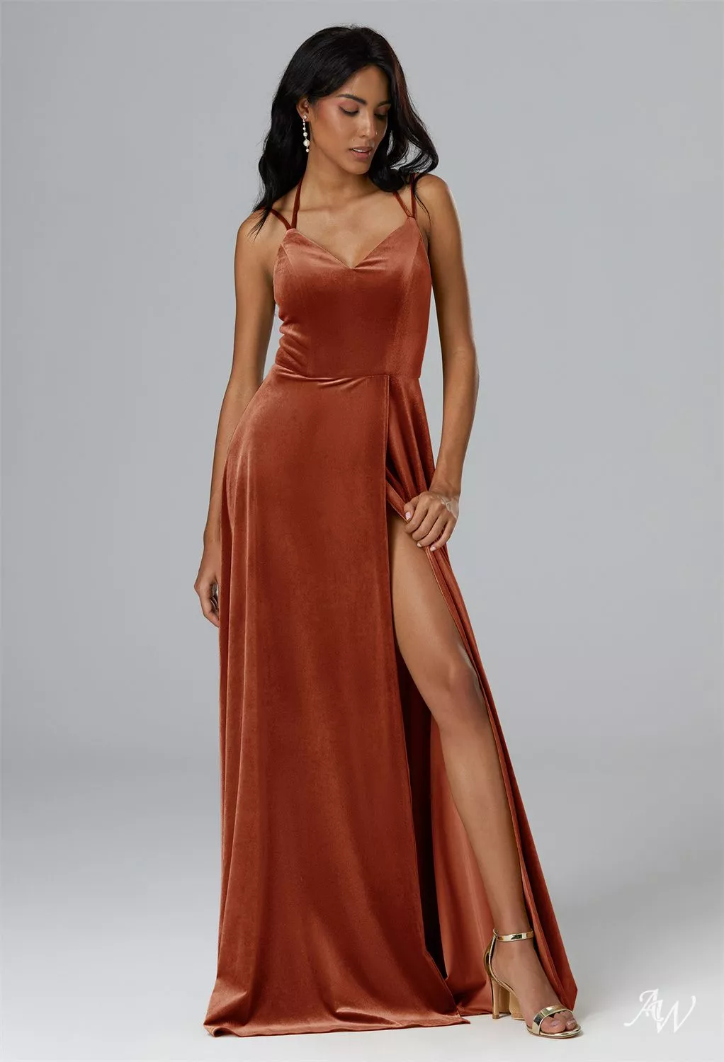AW.Bridal A-line V-Neck Floor Length Sleeveless Spaghetti Straps Split Long Bridesmaid Dresses Dress Burnt Orange Size 16