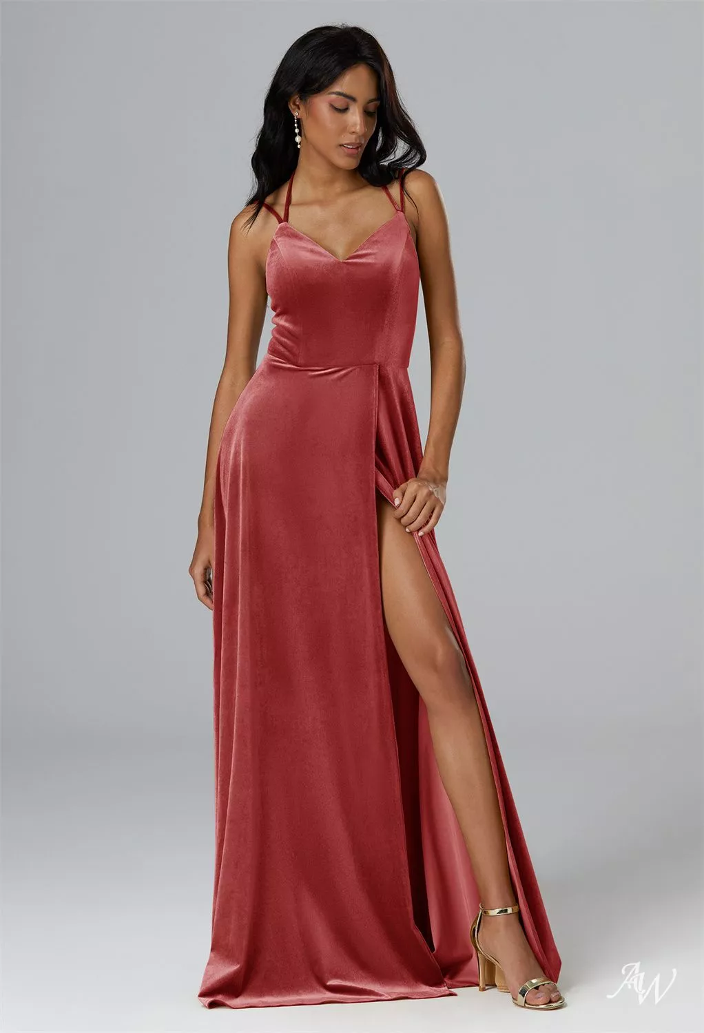dusty red bridesmaid dresses AW.Bridal A-line V-Neck Floor Length Sleeveless Spaghetti Straps Split Long Dress Rose Size 8 Simmenfort Dresser Echo skimming silhouette ends at Color:White Polkadot