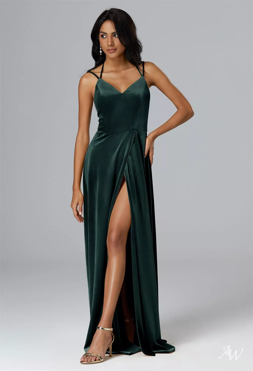 green emerald velvet dress Hunter Green Satin Long Gown With Embellished Sequin Bustier And Knot main image 0
