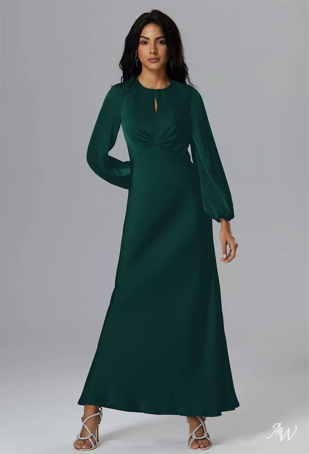 knee length dresses for ladies Long Hunter Green Satin Puffy Sleeves Dress main image 0